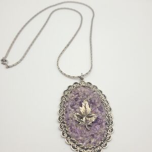 Vintage Silver Oversized Sparkly Purple Maple Leaf Pendant Necklace - Y2K